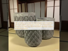 Chậu xi măng sợi tròn màu xám GRC với họa tiết lá cọ lặp lại, nhẹ, bền, ít bảo trì, chậu hoa, trang trí biệt thự ngày lễ, văn phòng, Vườn trên mái, dự án cảnh quan