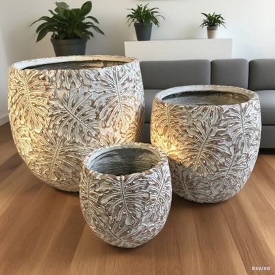 Mua Chậu GRC tròn xám họa tiết lá Monstera cho dự án cảnh quan sân thượng online manufacture