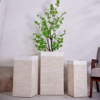 người trồng bằng đất sét sợi tròn màu trắng trung tính với mô hình sọc dọc nhẹ bền bền bảo trì thấp nồi hoa kỳ nghỉ biệt thự khách sạn trung tâm mua sắm văn phòng trang trí khu vườn dự án cảnh quan
