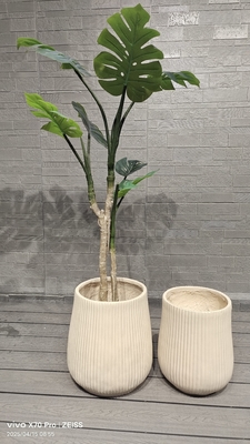 contemporary look neutral beige repetitive linear texture design round fiber clay planter lightweight durable low-maintenance flower pot holiday Villa văn phòng trang trí khu vườn cảnh quan dự án