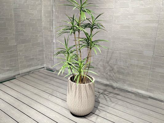 Thiết kế cảnh quan kiến trúc chậu trồng cây bằng đất sét sợi hình tròn với hoa văn hình học lặp lại màu trắng xám nhạt